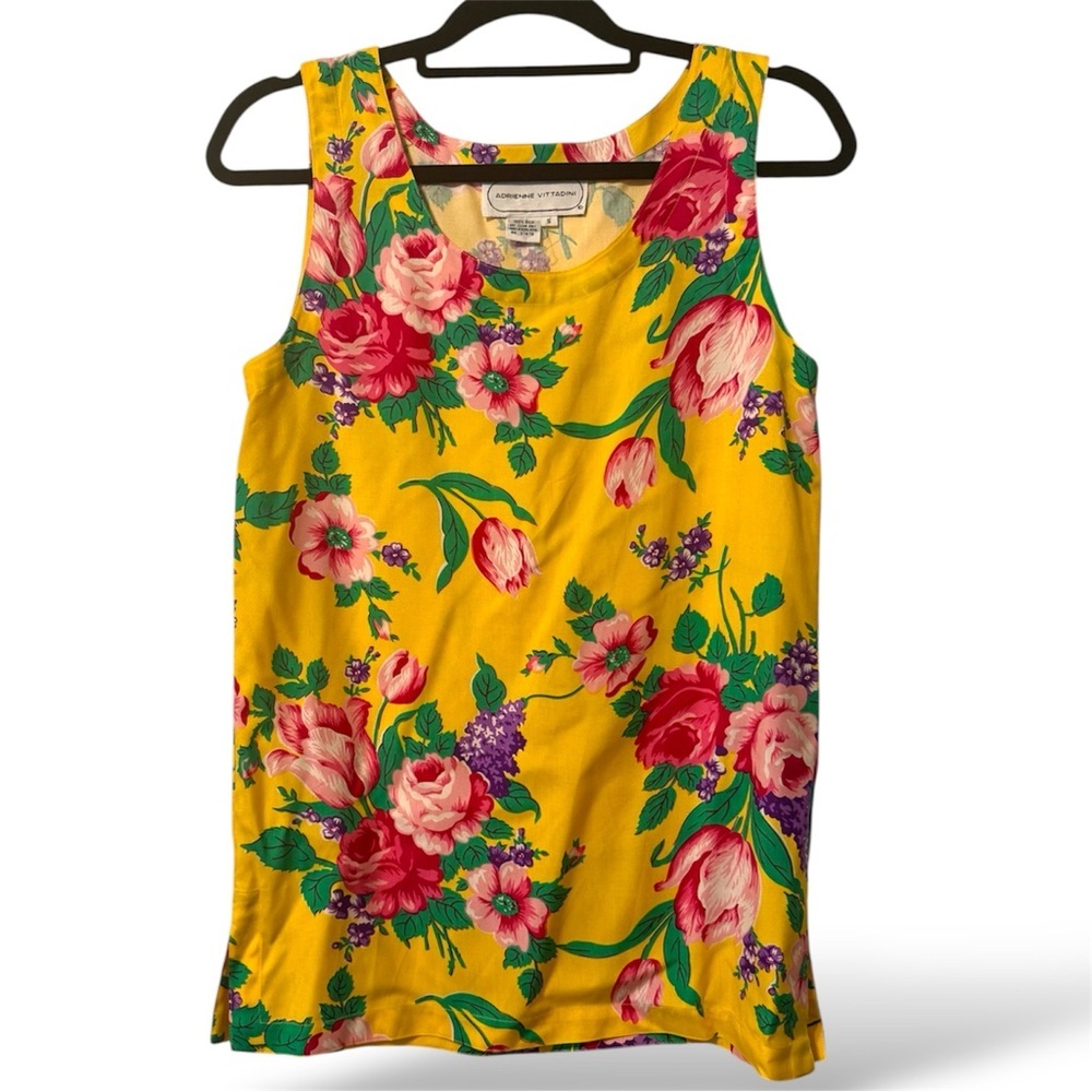 Adrienne Vittadini Vintage 100% Silk Sleeveless Tank Top Sz Small Yellow Floral